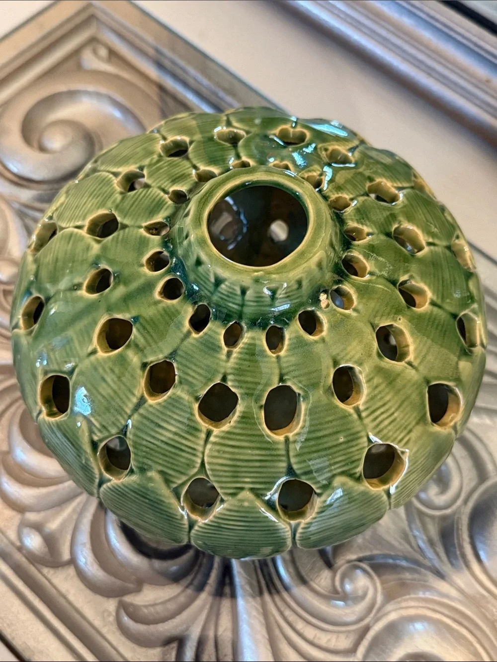 Vintage Green Leaf Reticulated Glazed Ceramic Lantern Vase